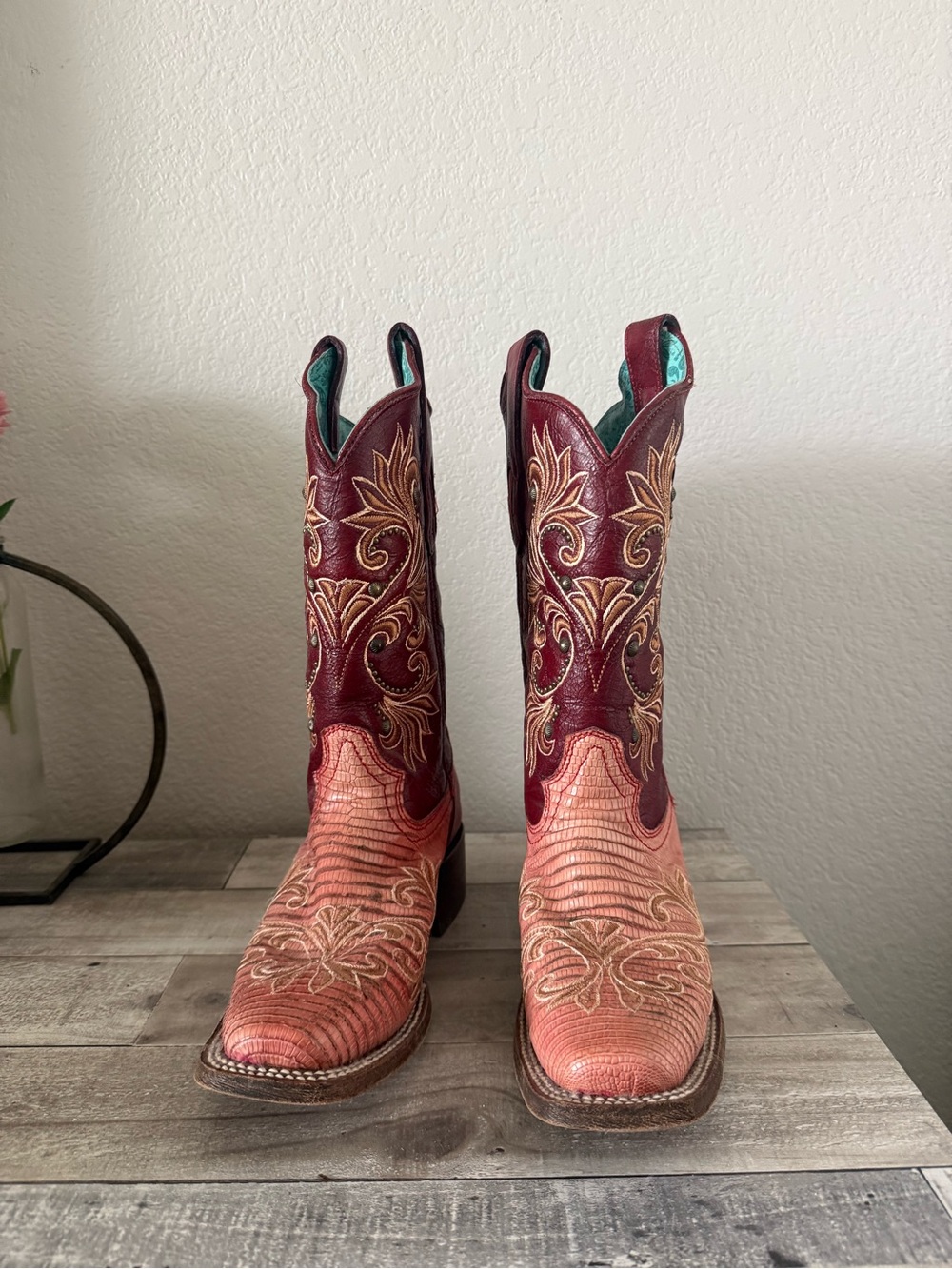 Women's Burgundy and Coral Embroidered Heeled Cowboy Boots